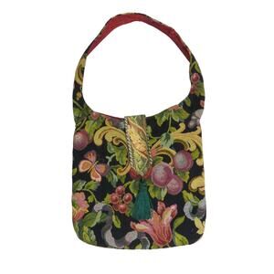 1990s Vintage Floral Embroidered Satchel Hobo Handbag with Tassel